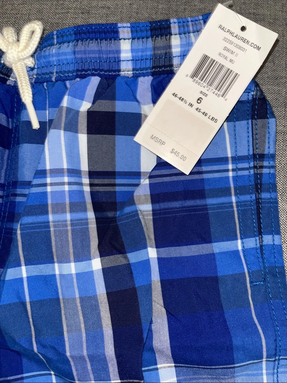 NWT Boys Polo Ralph Lauren Blue Plaid Swimsuit with pockets size 6